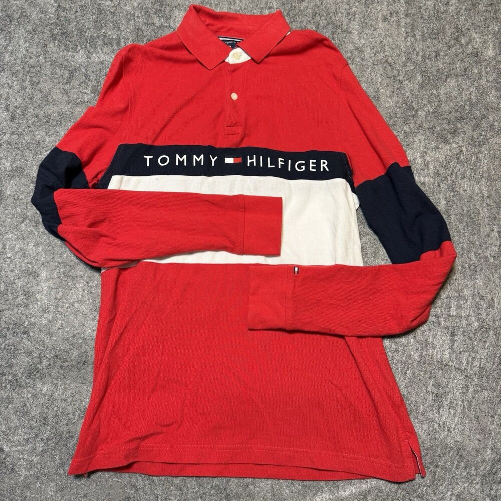 Tommy Hilfiger Mens Rugby Polo Shirt Size M Red Colorblock Retro 90s Long Sleeve
